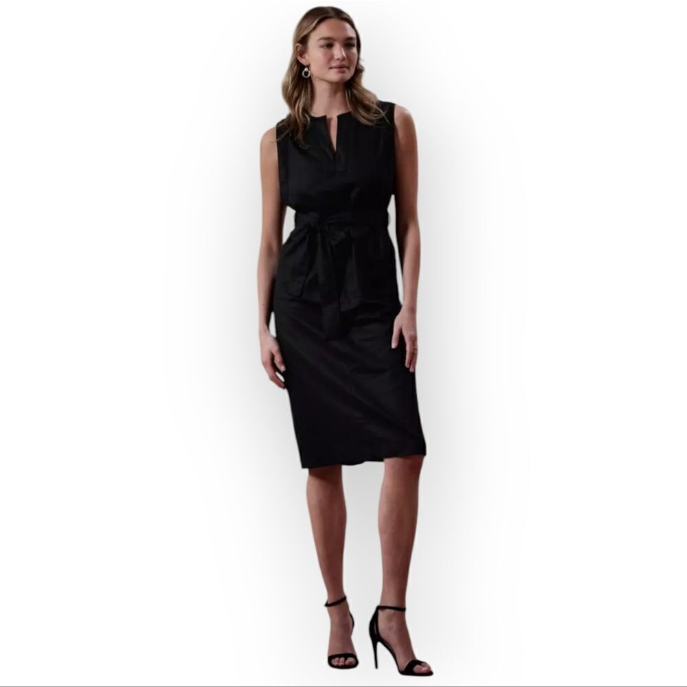 Banana Republic Linen Cotton Blend Black Sheath Midi Dress V-neck Sleeveless L